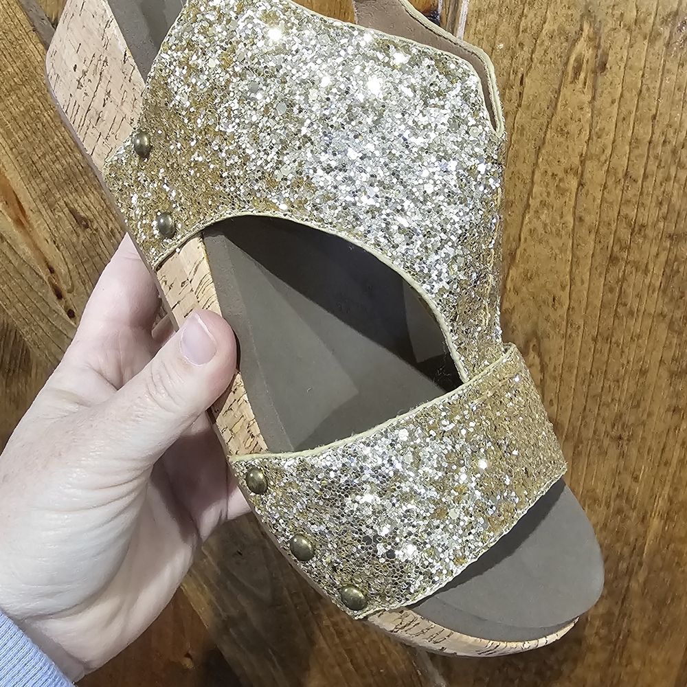 Corkys Gold Glitter Cork Wedge Sandals